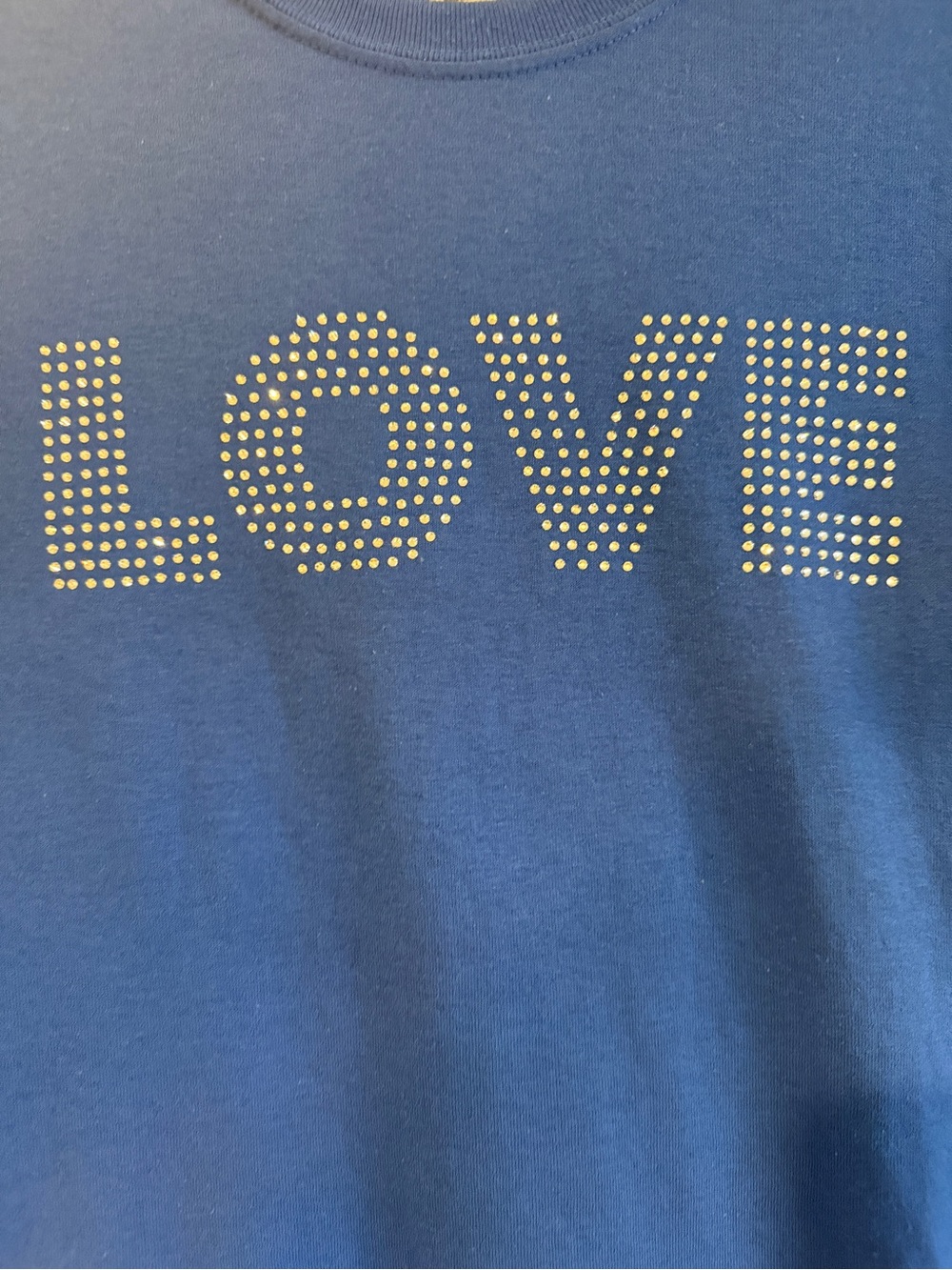 Gildan Royal Blue LOVE Rhinestone Graphic T-Shirt - Short Sleeve Tee, Size M - Picture 3 of 4